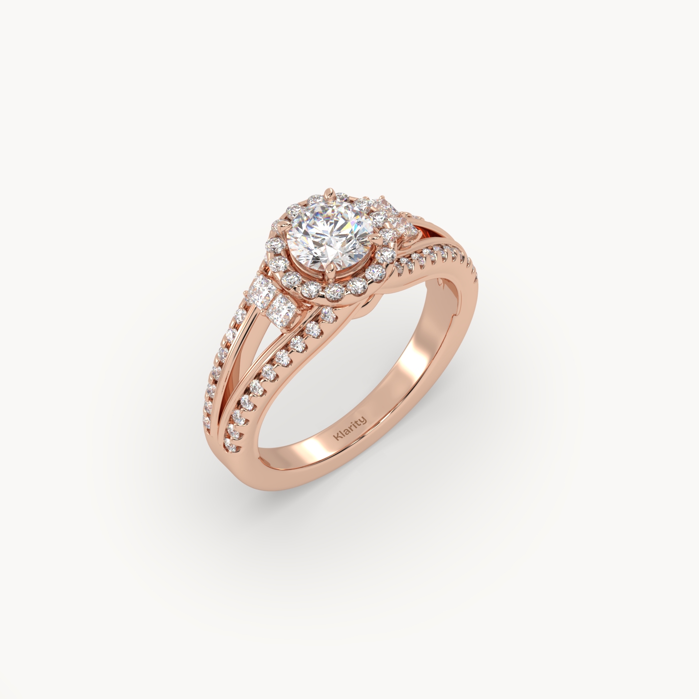 18k rose gold  halo round diamond split-shank engagement ring – 1ct centre mount