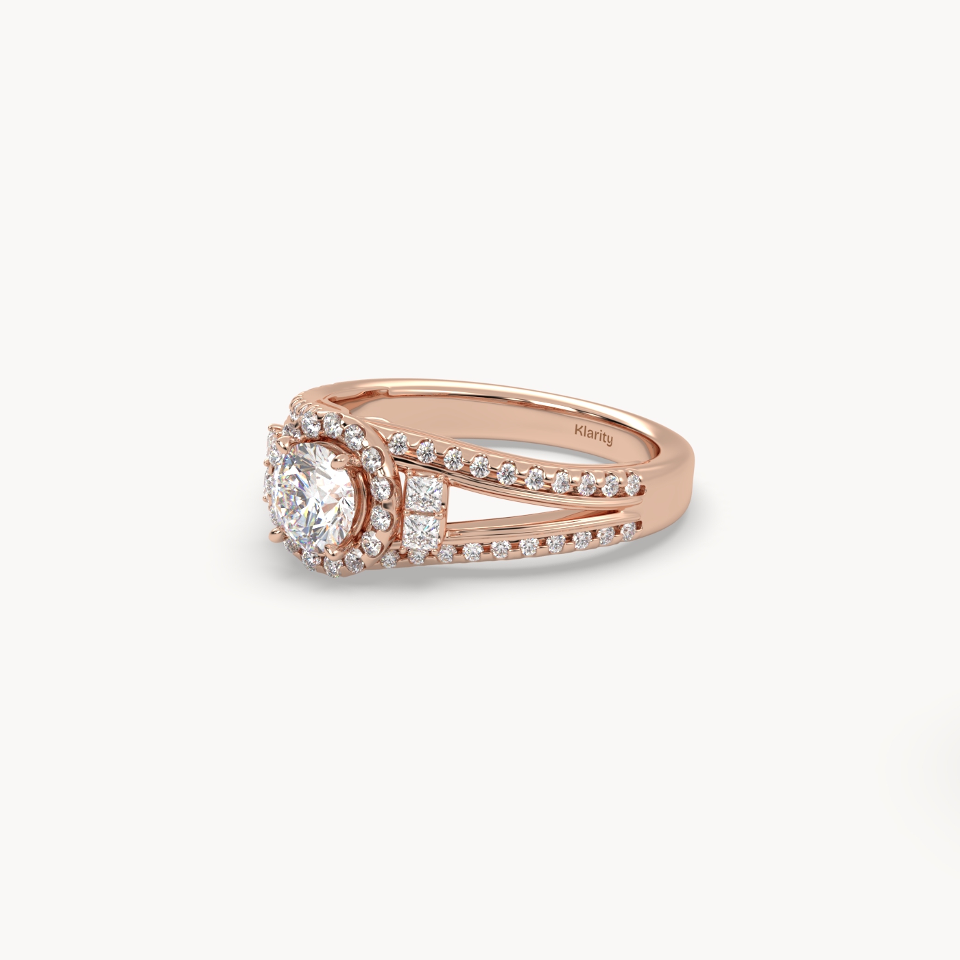18k rose gold  halo round diamond split-shank engagement ring – 1ct centre mount