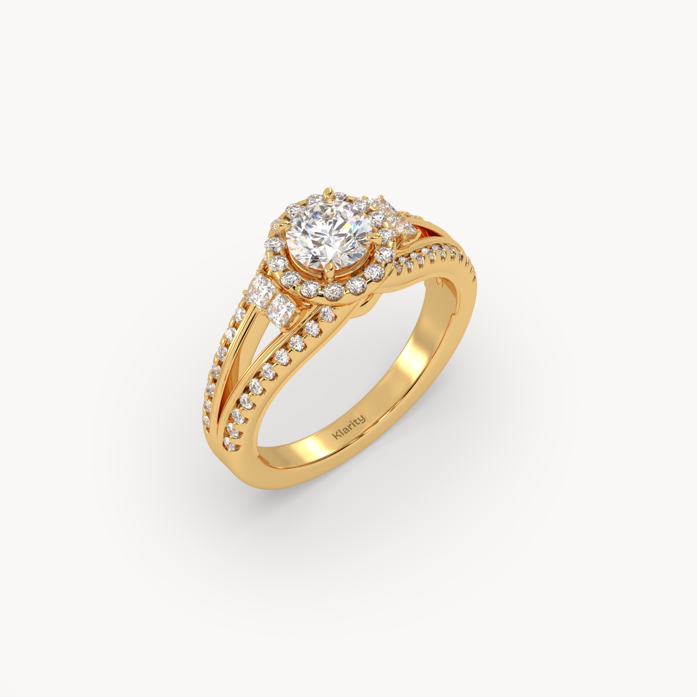 18k yellow gold  halo round diamond split-shank engagement ring – 1ct centre mount
