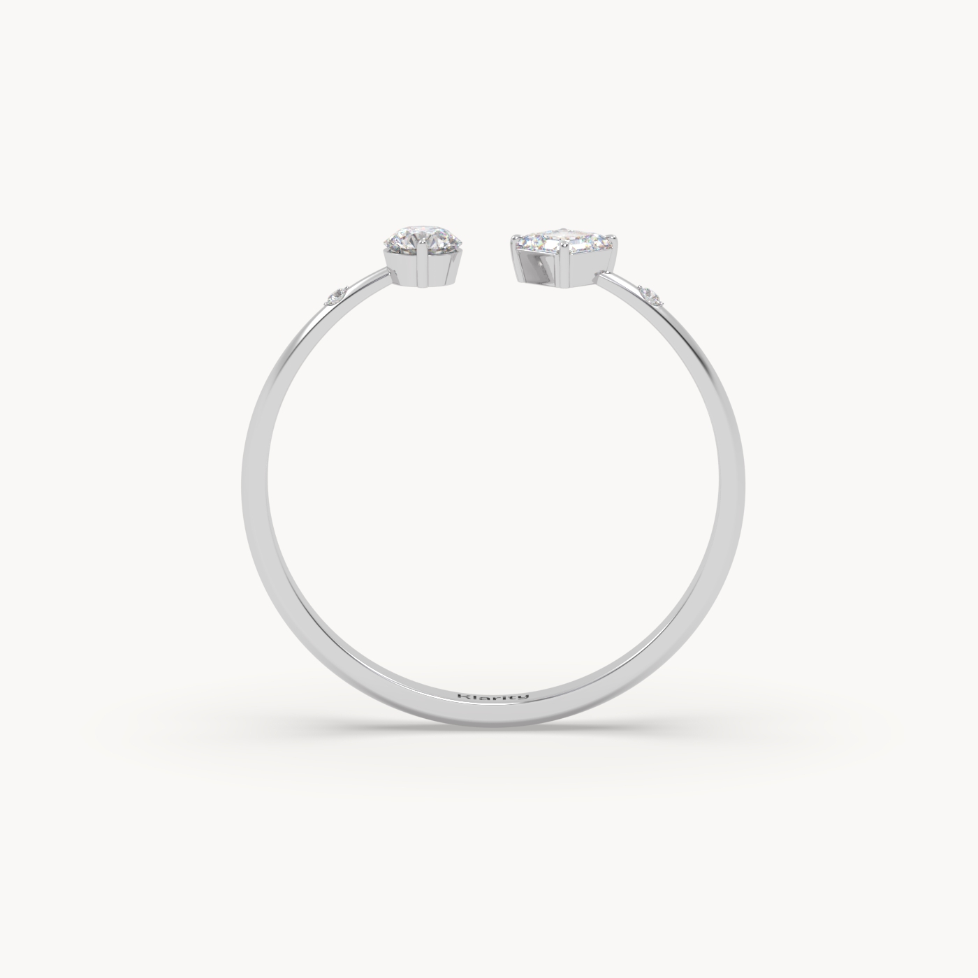 18k white gold  two-stone open diamond ring with emerald-cut & round diamond