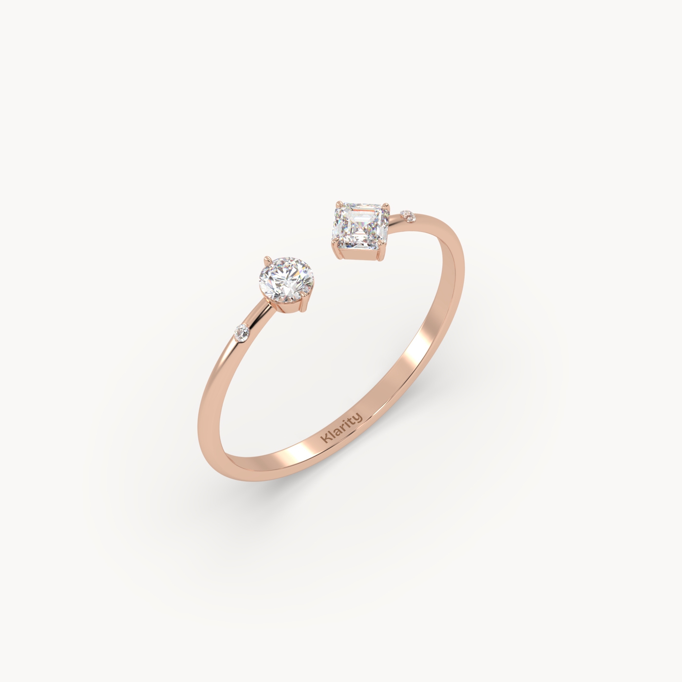 18k rose gold  two-stone open diamond ring with emerald-cut & round diamond