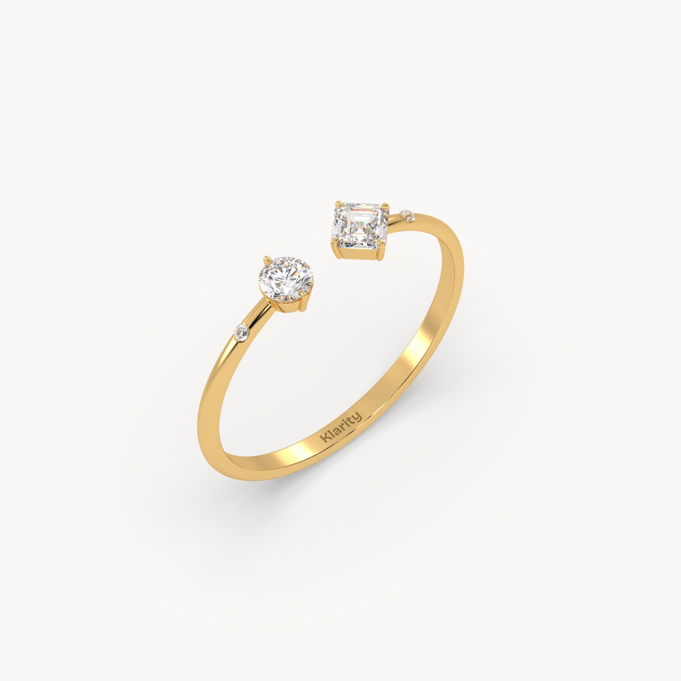 18k yellow gold  two-stone open diamond ring with emerald-cut & round diamond