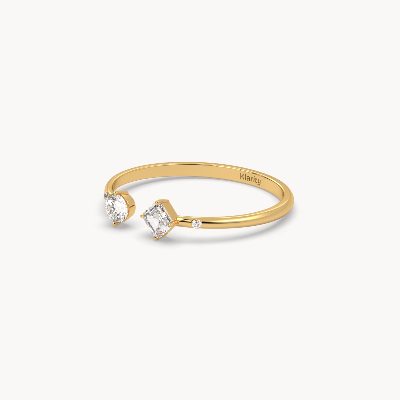 18k yellow gold  two-stone open diamond ring with emerald-cut & round diamond