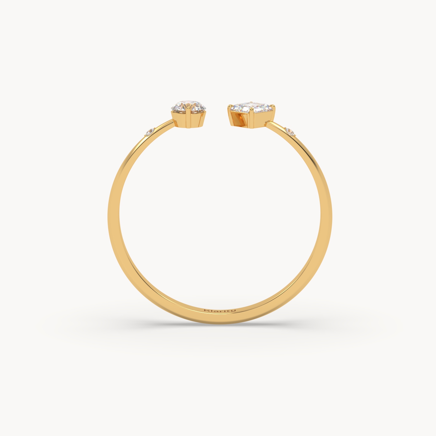 18k yellow gold  two-stone open diamond ring with emerald-cut & round diamond
