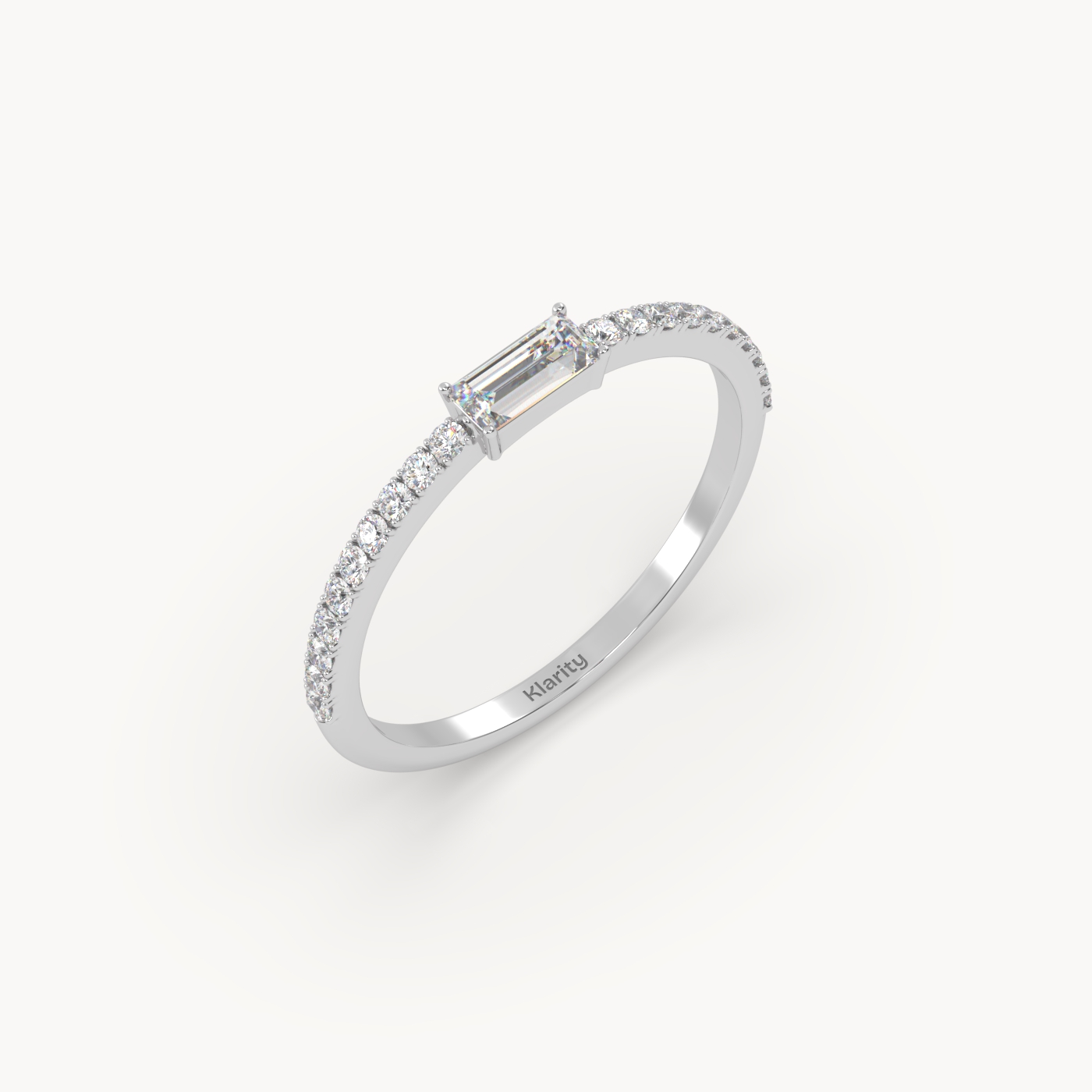 18k white gold  baguette solitaire diamond ring with pavé-set band