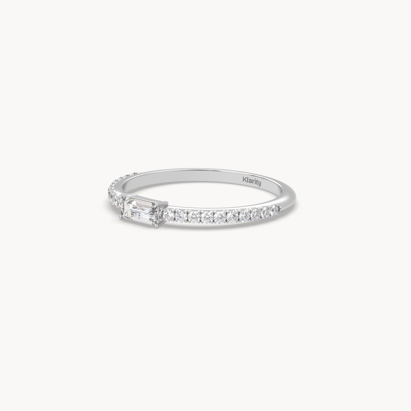 18k white gold  baguette solitaire diamond ring with pavé-set band
