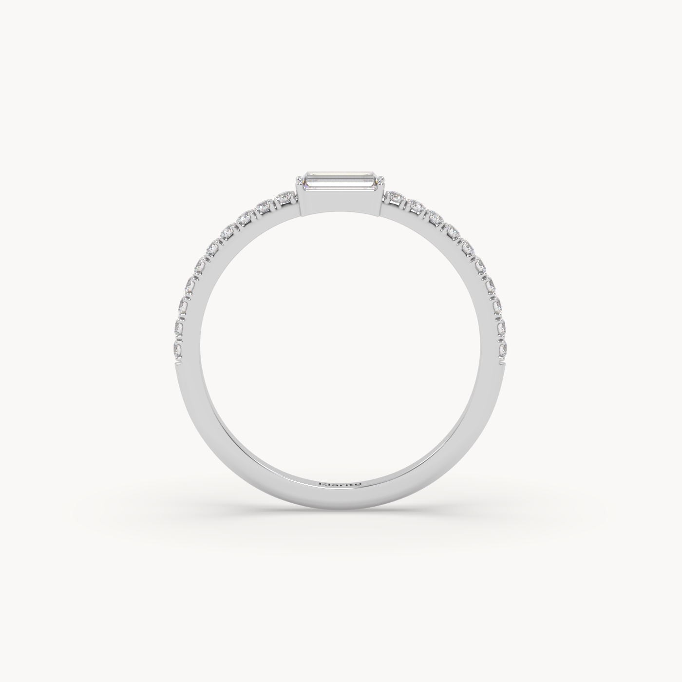 18k white gold  baguette solitaire diamond ring with pavé-set band