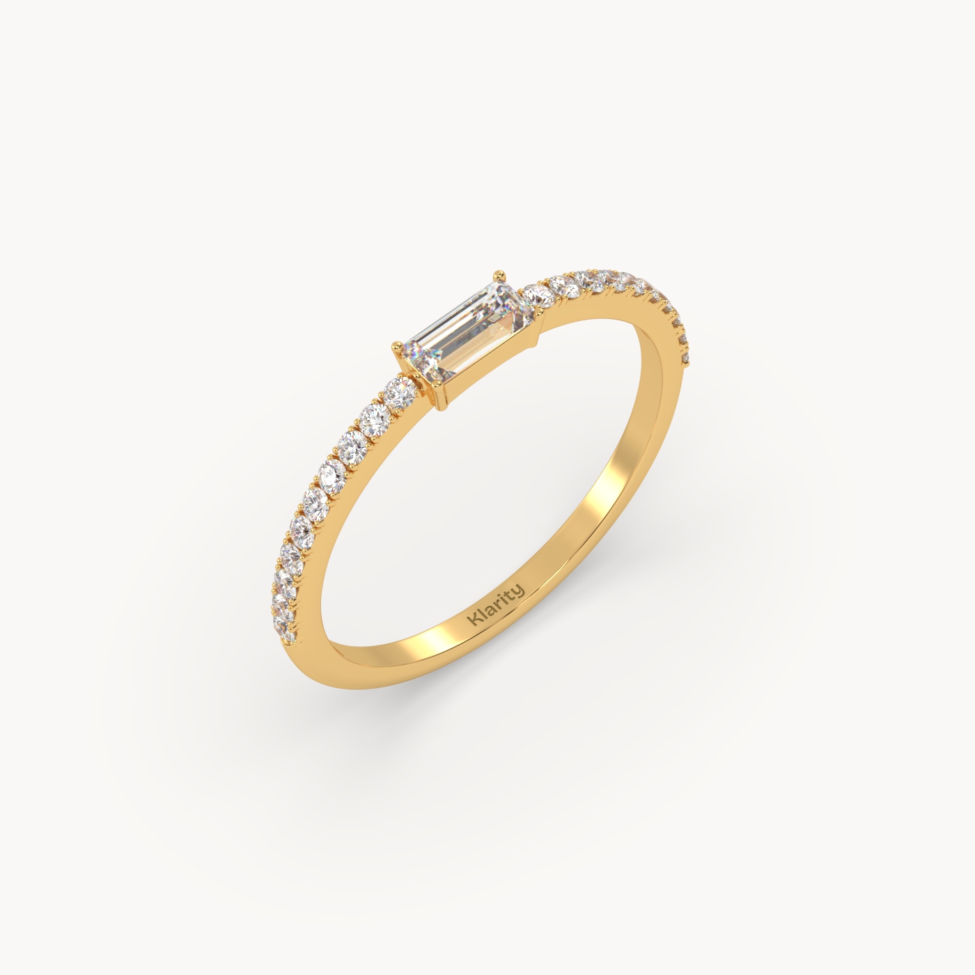 18k yellow gold  baguette solitaire diamond ring with pavé-set band