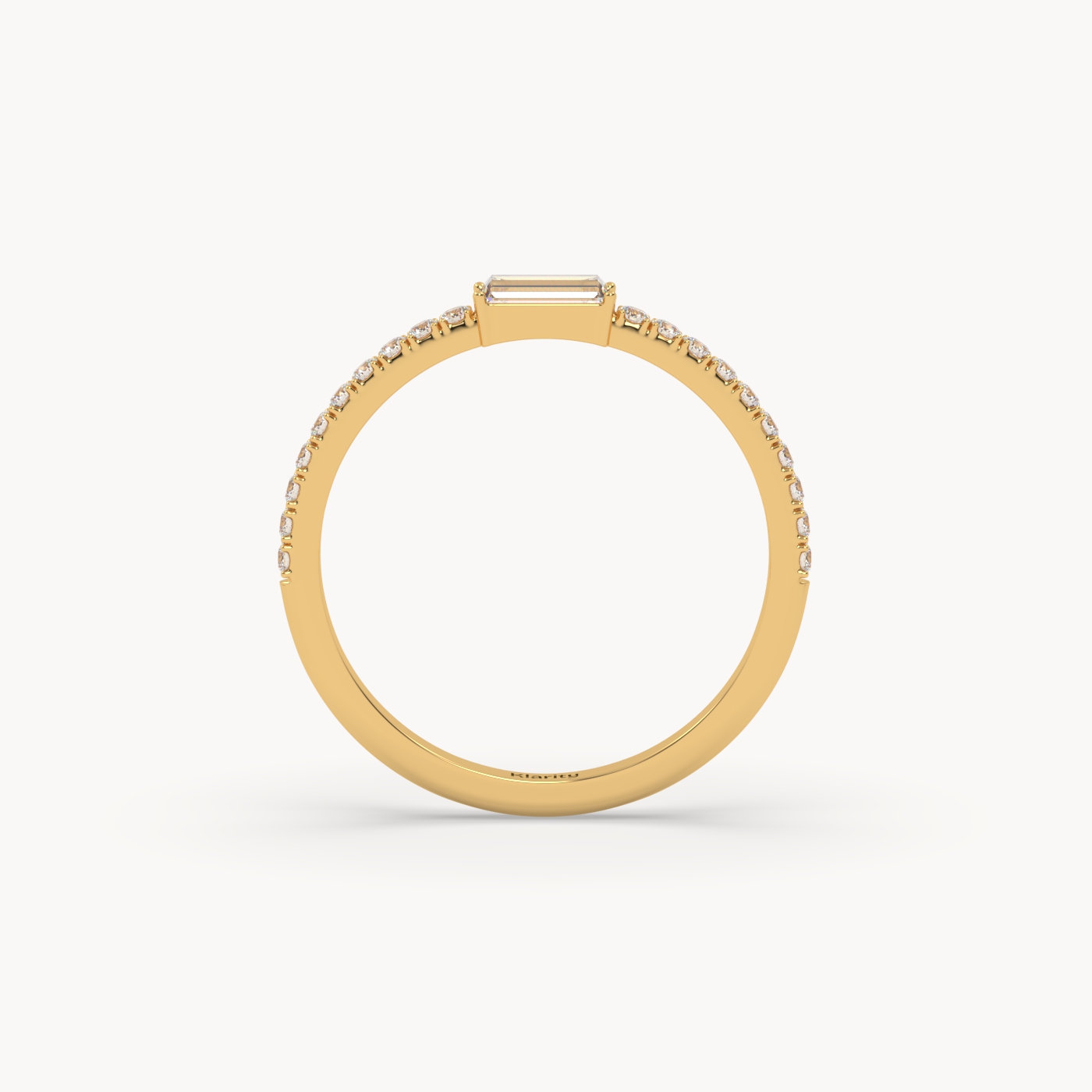 18k yellow gold  baguette solitaire diamond ring with pavé-set band