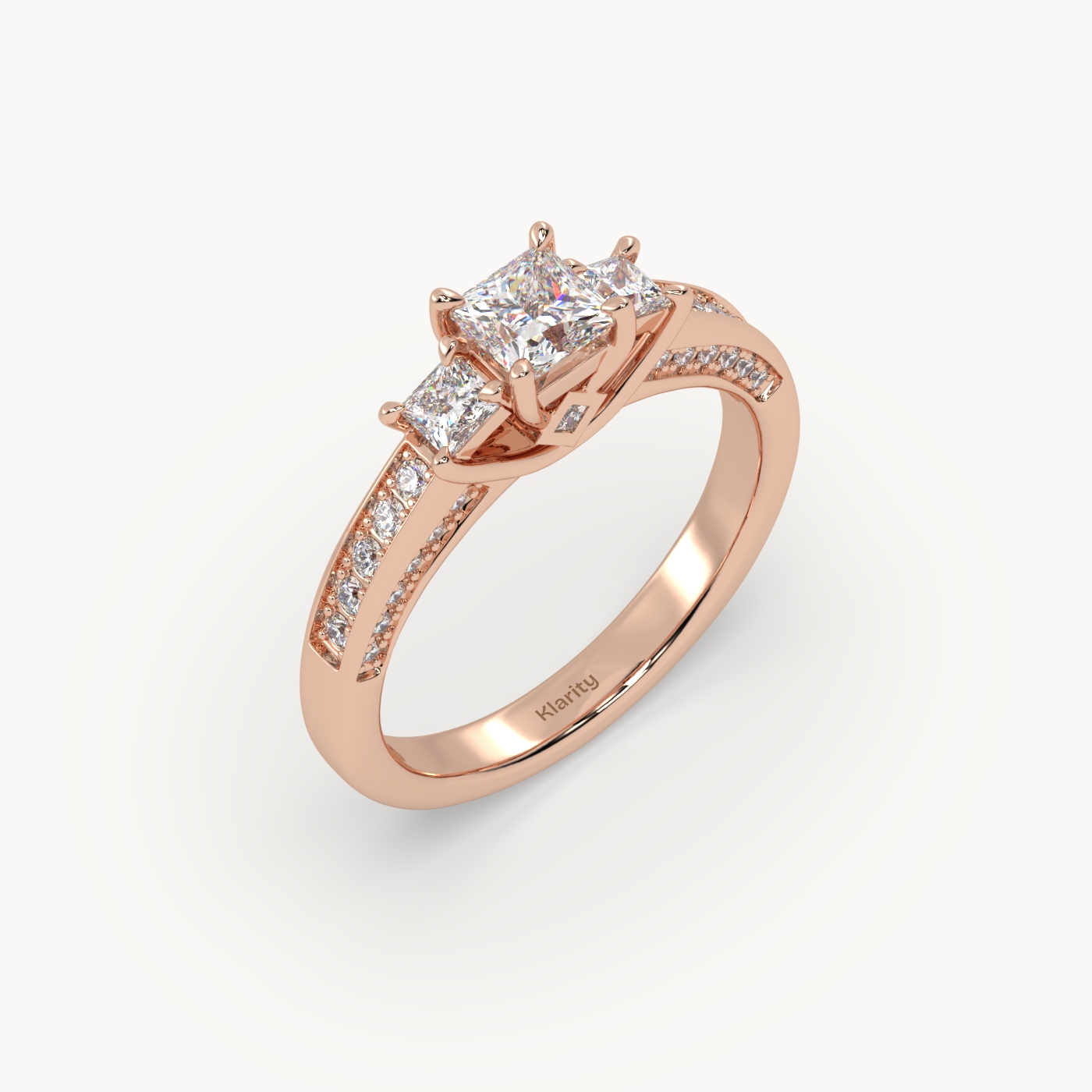 18k rose gold  princess cut sidestone diamond engagement ring – elegant multi-stone bridal ring