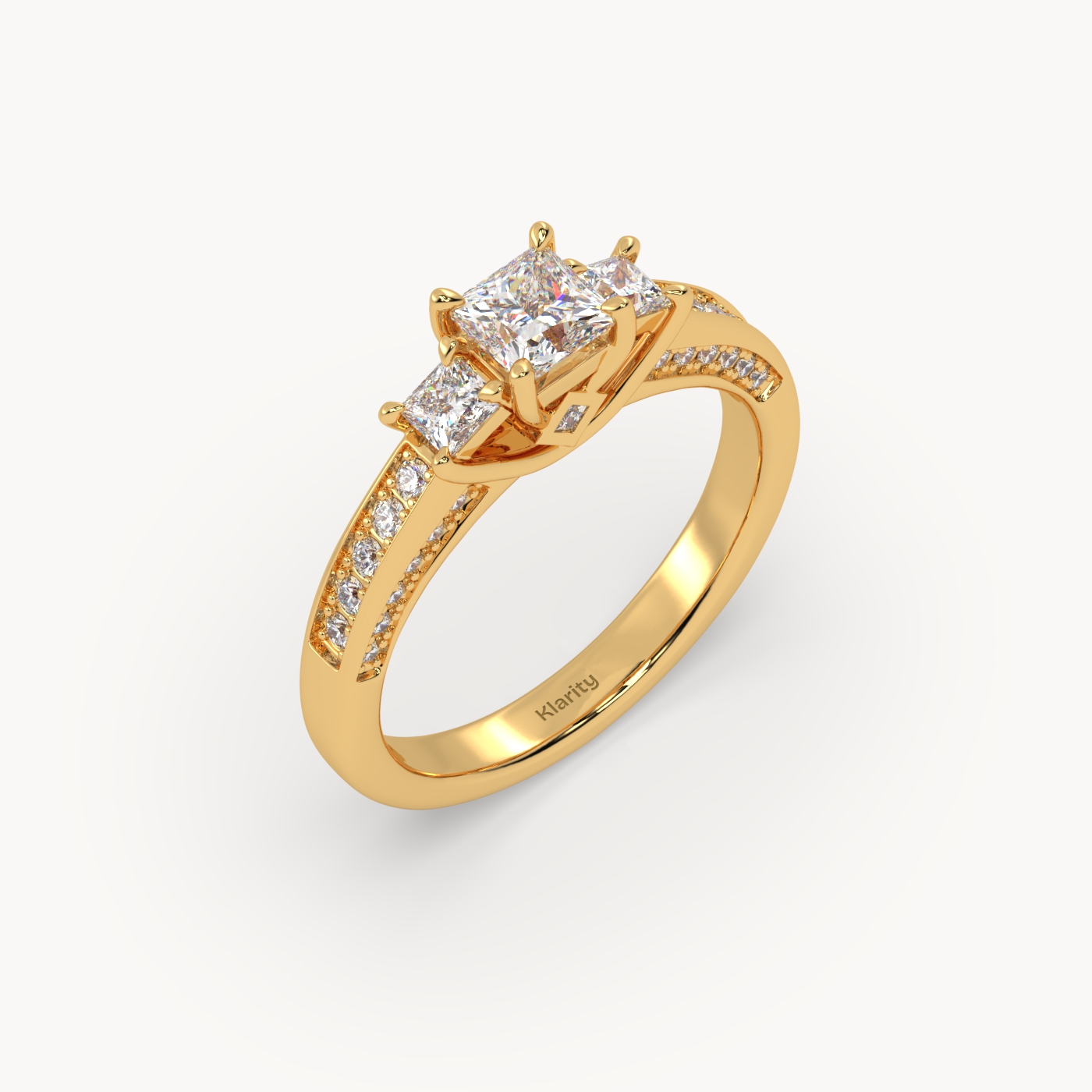 18k yellow gold  princess cut sidestone diamond engagement ring – elegant multi-stone bridal ring