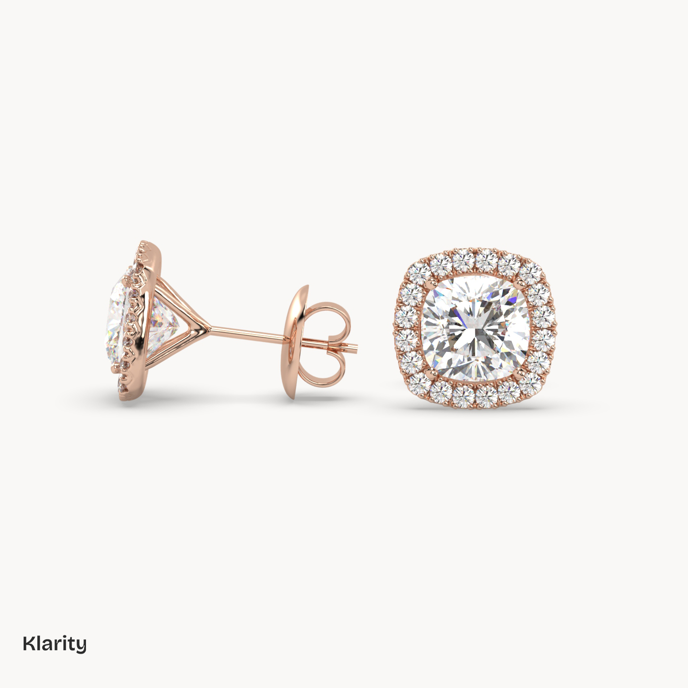 18k rose gold  cushion halo diamond stud earrings – 1.23 ct total cushion & round diamonds