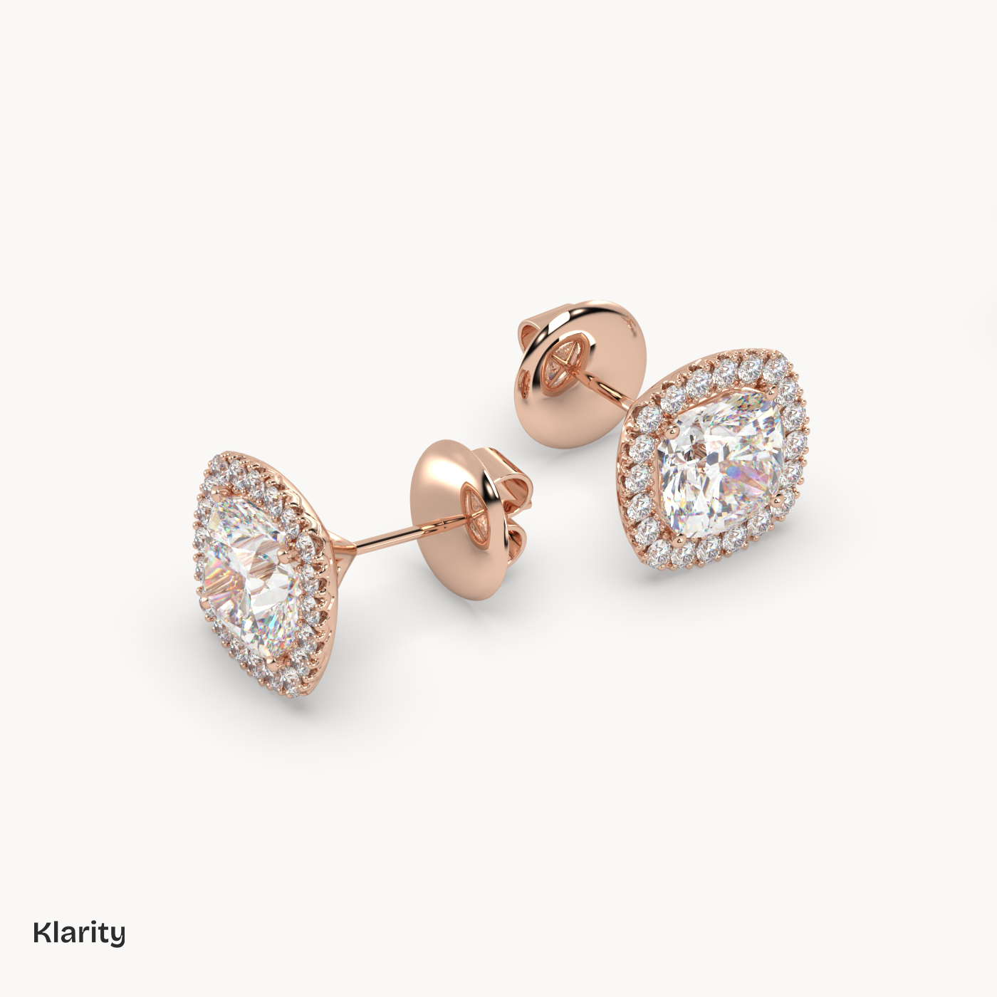 18k rose gold  cushion halo diamond stud earrings – 1.23 ct total cushion & round diamonds