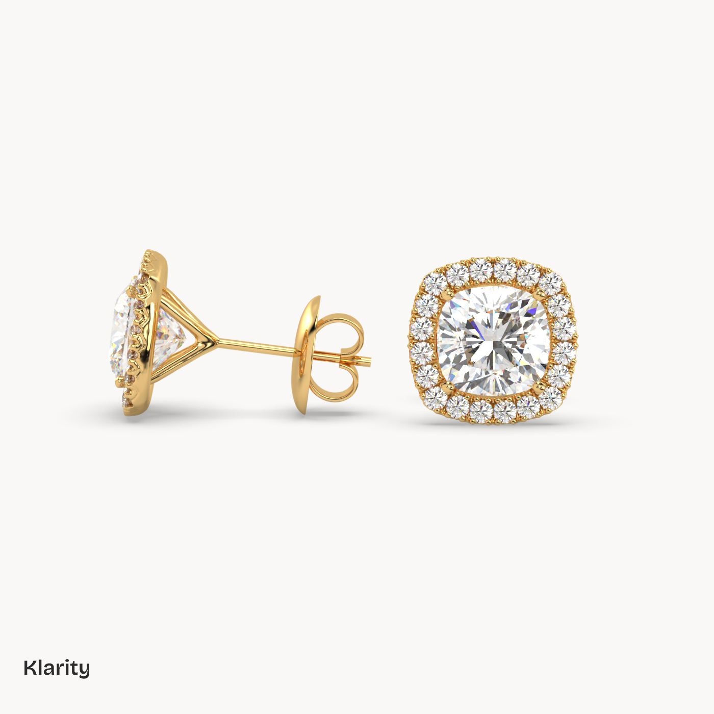18k yellow gold  cushion halo diamond stud earrings – 1.23 ct total cushion & round diamonds
