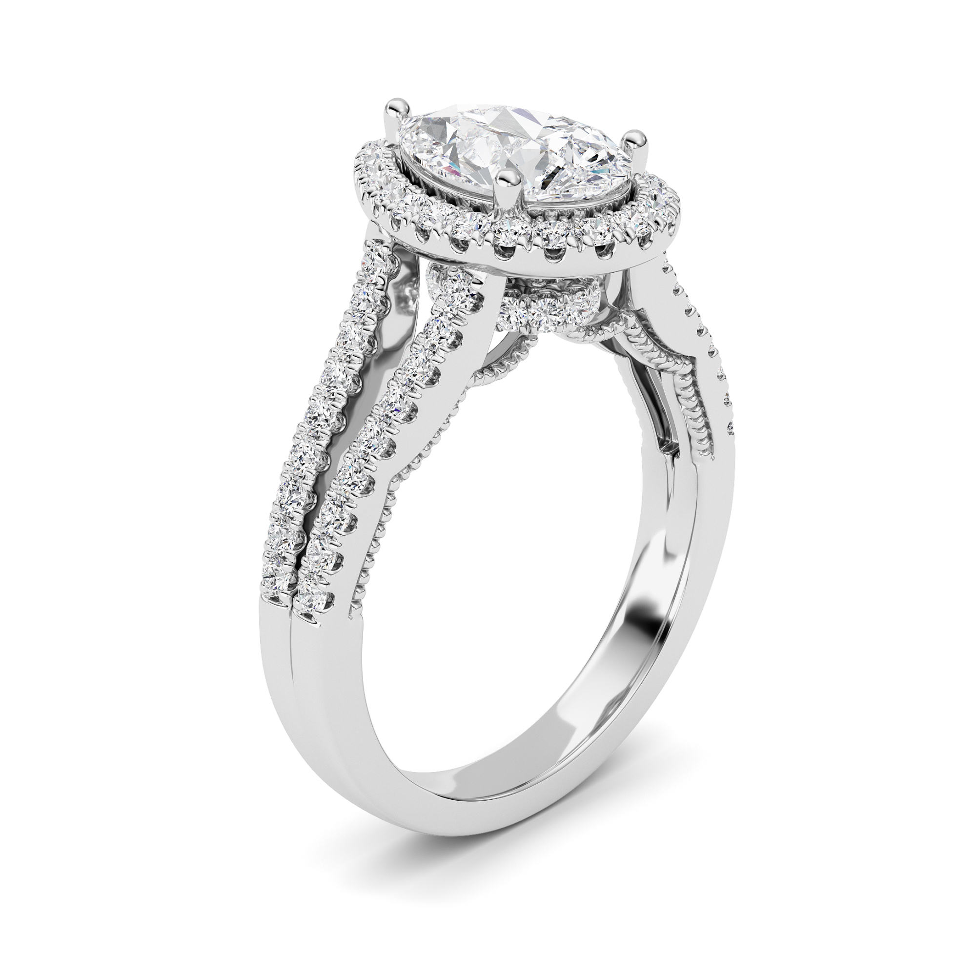 14k white gold  pear lab grown diamond split shank engagement ring – 2 ct total in 14k gold