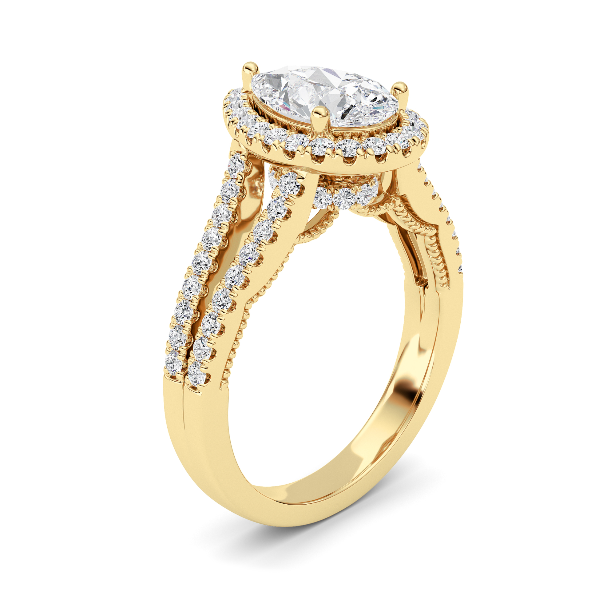 14k yellow gold  pear lab grown diamond split shank engagement ring – 2 ct total in 14k gold